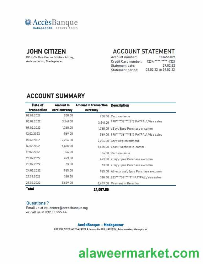 Madagascar Acces Banque bank statement xls